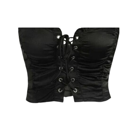 NWT Lace Up Bustier Corset Eyelet Detail Smock Crop Top Adjustable Strap M Black - Picture 4 of 12